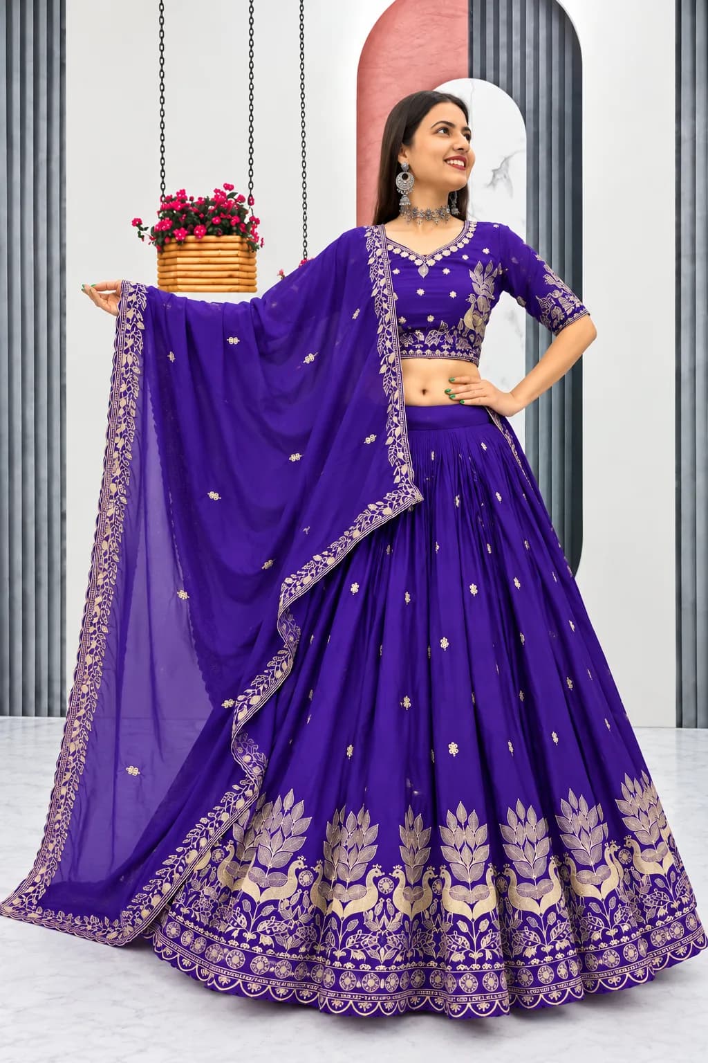 Royal Purple Embroidered Lehenga Choli Set with Dupatta — 3