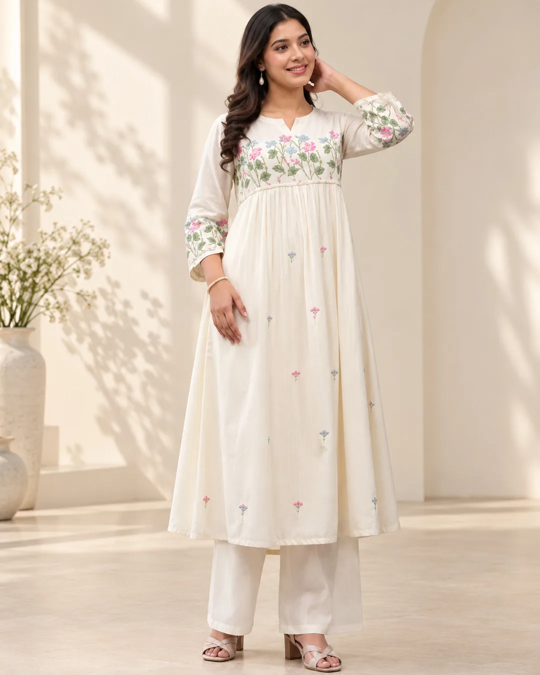 Elegant Ivory Floral Embroidered Anarkali Kurta Set with Palazzo Pants — 1