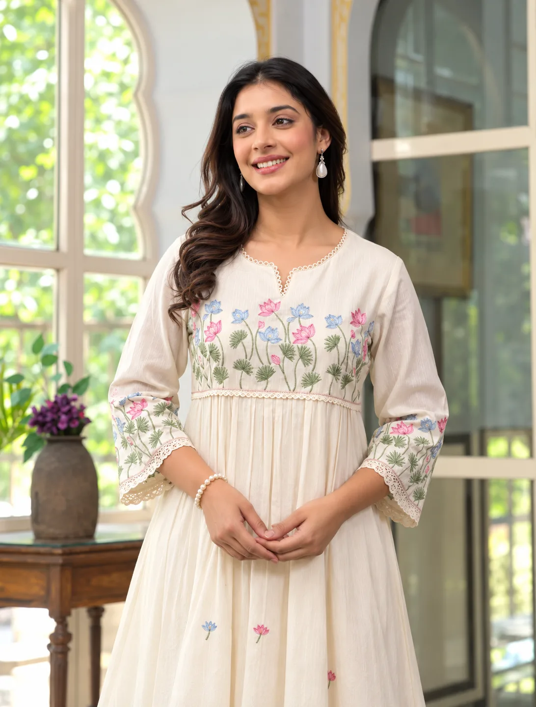 Elegant Ivory Floral Embroidered Anarkali Kurta Set with Palazzo Pants — 2