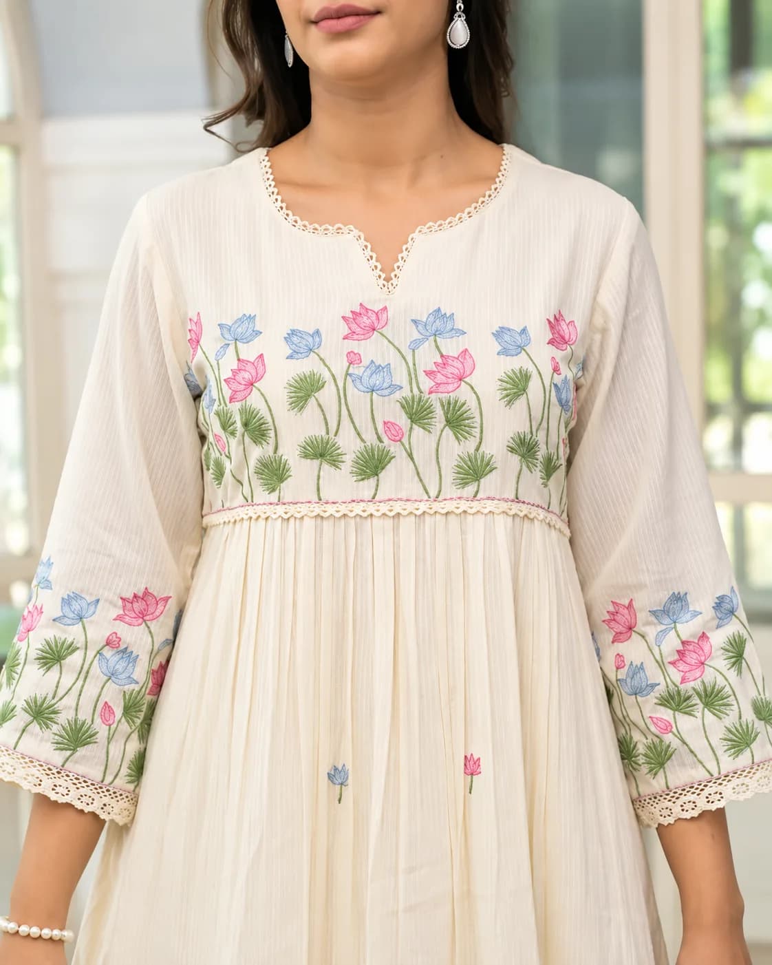 Elegant Ivory Floral Embroidered Anarkali Kurta Set with Palazzo Pants — 3