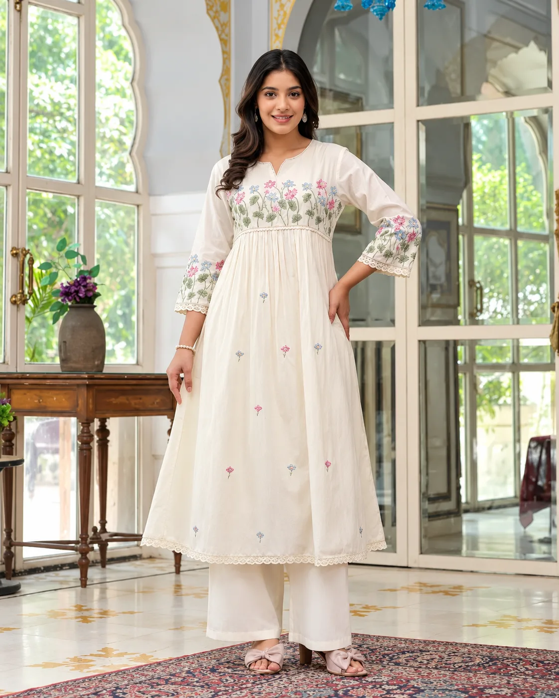 Elegant Ivory Floral Embroidered Anarkali Kurta Set with Palazzo Pants — 4