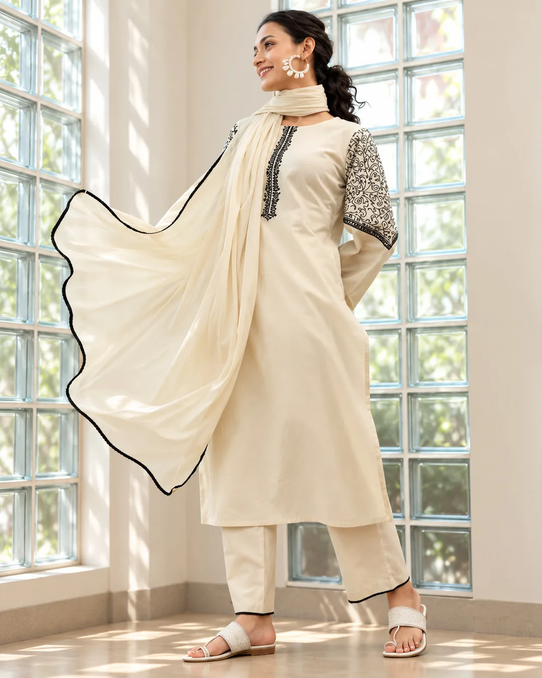 Women’s Ivory Cream Embroidered Kurta Pant Set with Matching Dupatta — 1