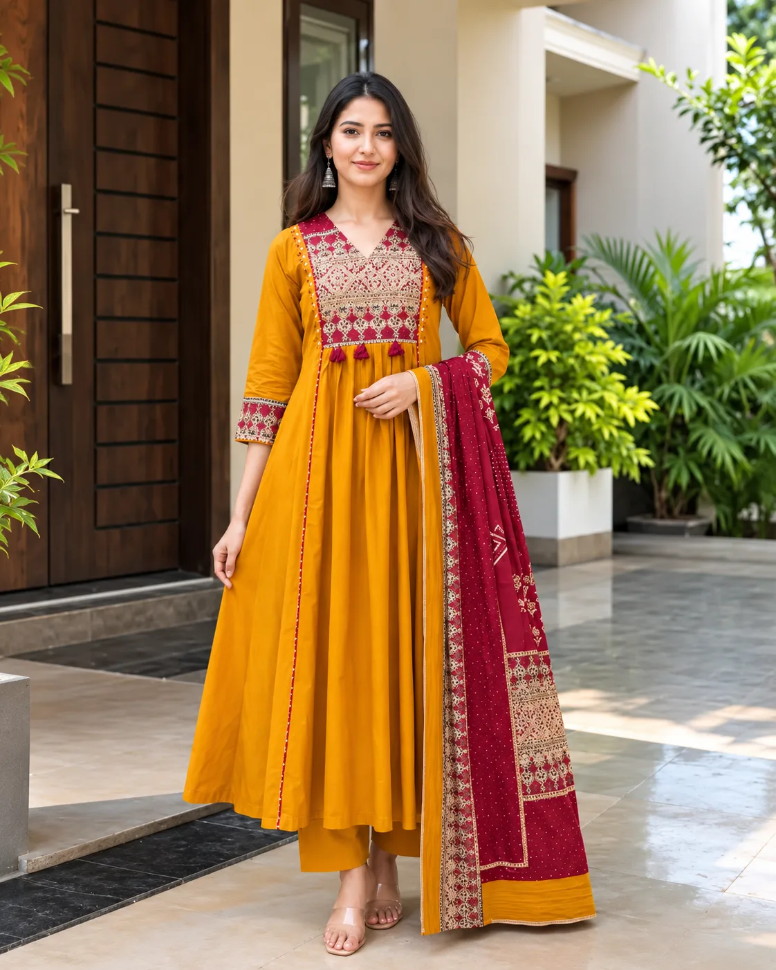 Women’s Mustard Yellow Embroidered Anarkali Kurta Set with Maroon Dupatta — 1