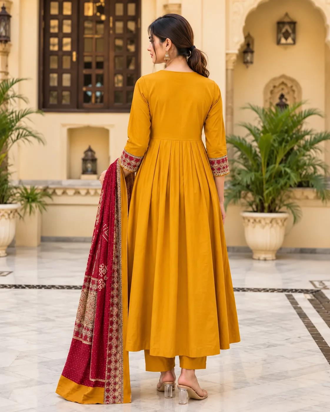 Women’s Mustard Yellow Embroidered Anarkali Kurta Set with Maroon Dupatta — 2