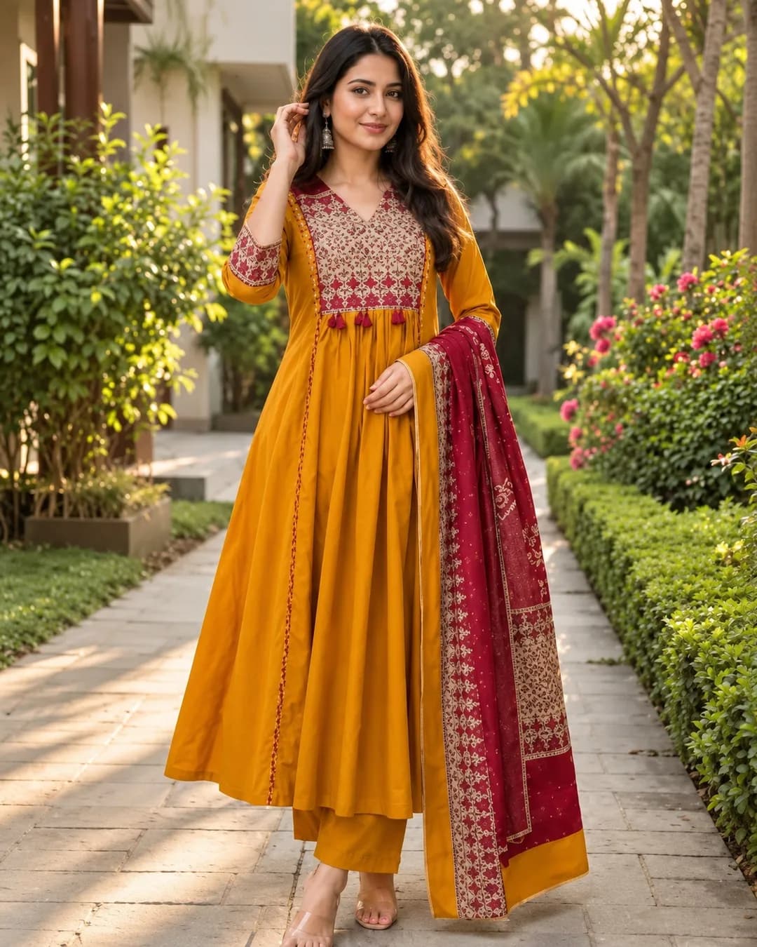 Women’s Mustard Yellow Embroidered Anarkali Kurta Set with Maroon Dupatta — 3