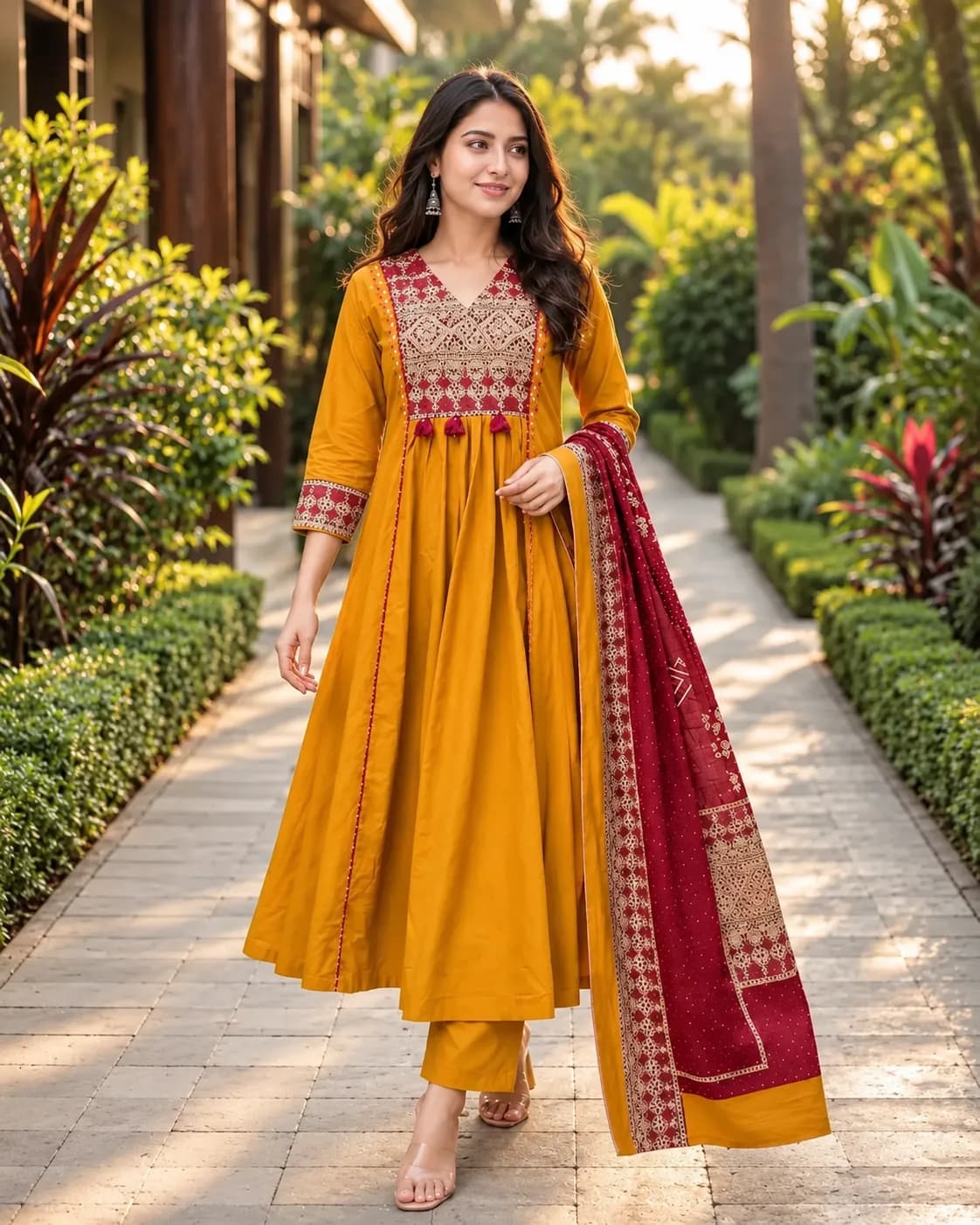 Women’s Mustard Yellow Embroidered Anarkali Kurta Set with Maroon Dupatta — 4